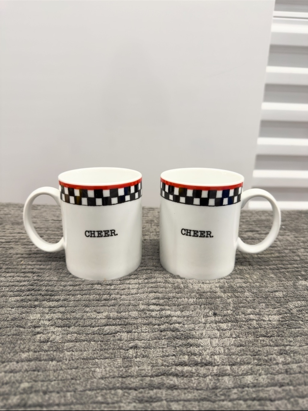 2 PCS CHEER White Ceramic Coffee Mug with Checker Trim